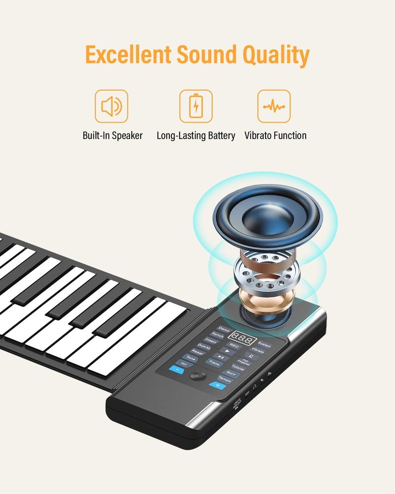 KONIX 88 Keys Roll Up Piano, Upgraded Portable Rechargeable Hand Roll Piano Keyboard, 128 Rhythms, 128 Tones, Roll Out Keyboard Piano with LED Display MIDI Function, Best Gift for Beginners - Image 3